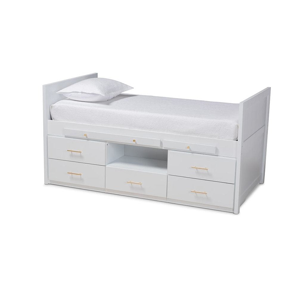 White Finished Wood 5-Drawer Twin Size Storage Bed with Pull-Out Desk
