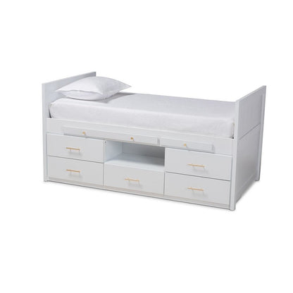 White Finished Wood 5-Drawer Twin Size Storage Bed with Pull-Out Desk