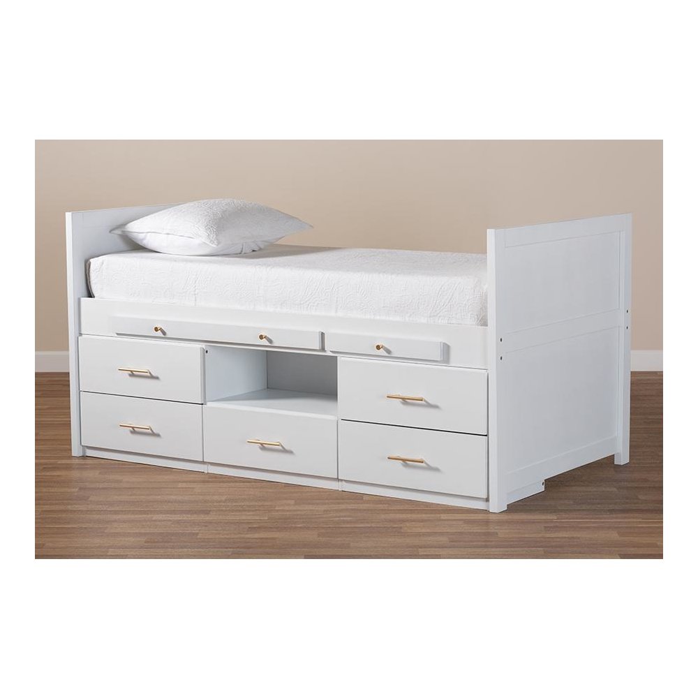 White Finished Wood 5-Drawer Twin Size Storage Bed with Pull-Out Desk