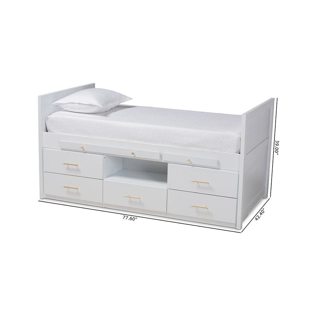 White Finished Wood 5-Drawer Twin Size Storage Bed with Pull-Out Desk