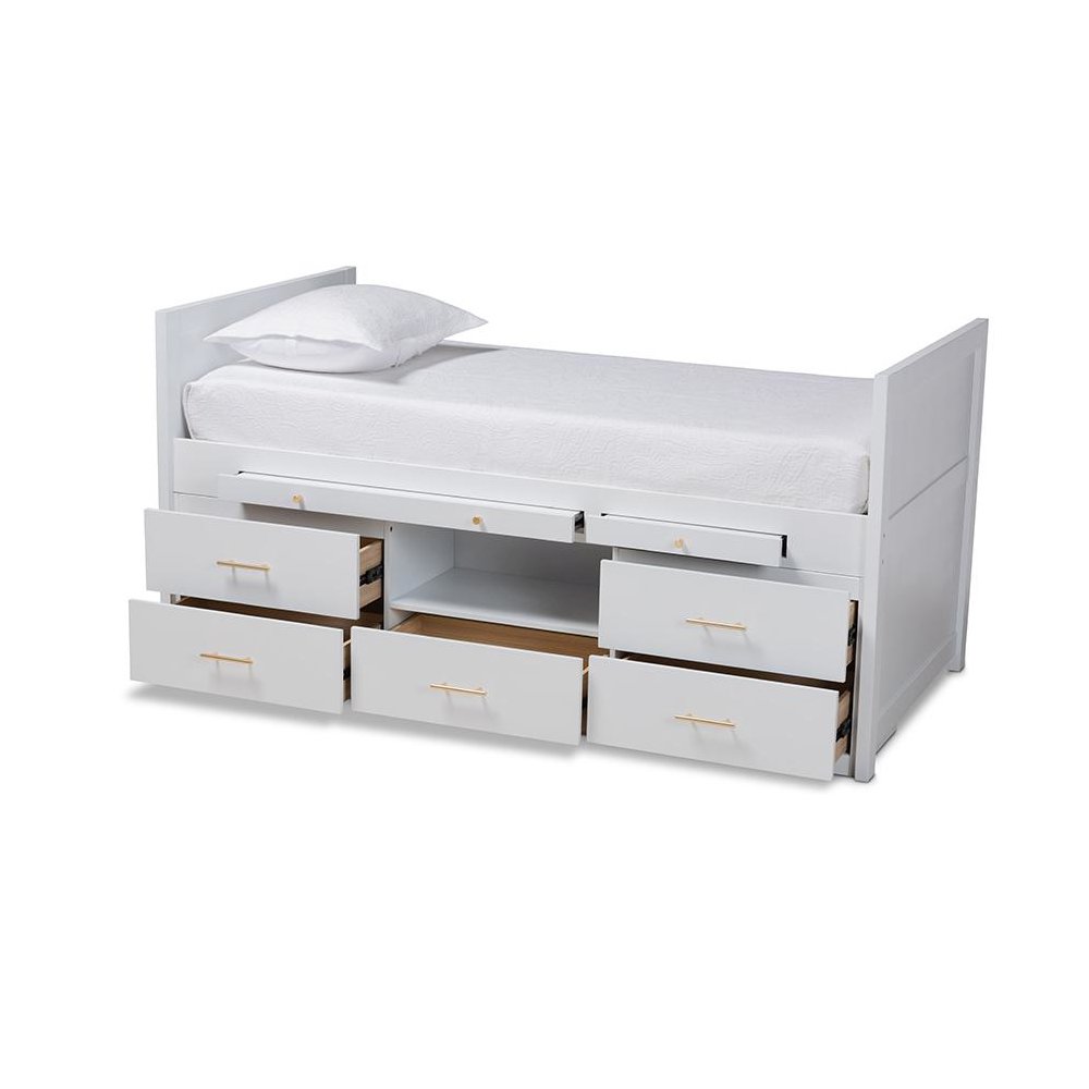 White Finished Wood 5-Drawer Twin Size Storage Bed with Pull-Out Desk