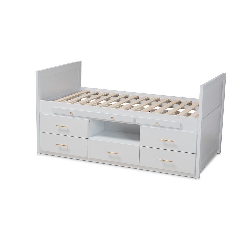 White Finished Wood 5-Drawer Twin Size Storage Bed with Pull-Out Desk