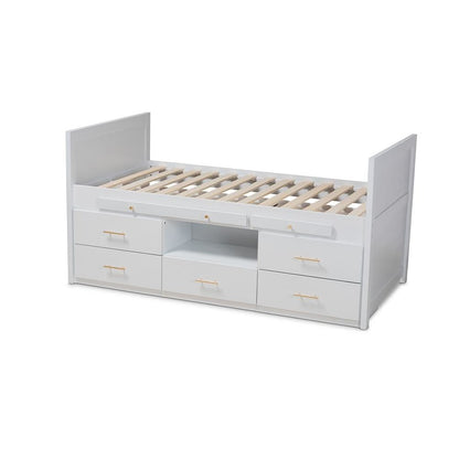 White Finished Wood 5-Drawer Twin Size Storage Bed with Pull-Out Desk