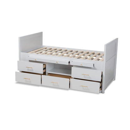 White Finished Wood 5-Drawer Twin Size Storage Bed with Pull-Out Desk