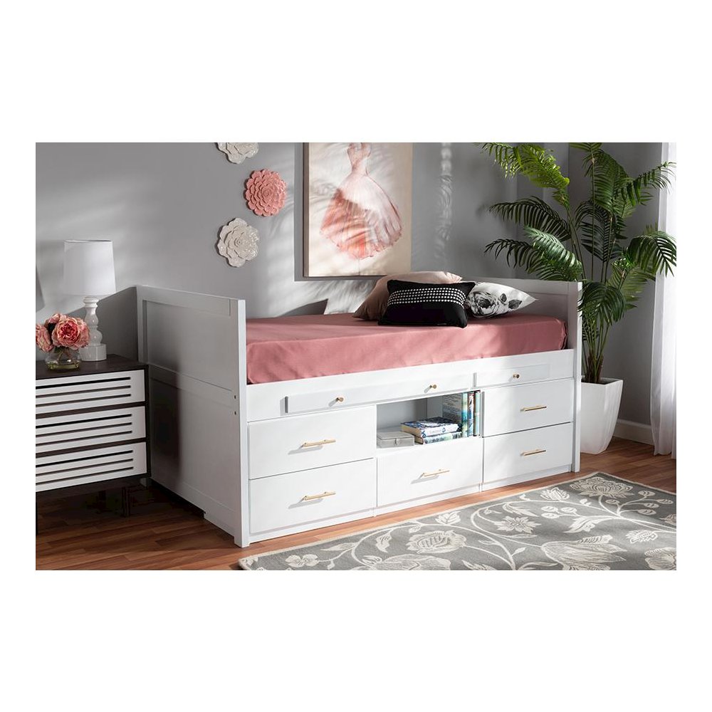 White Finished Wood 5-Drawer Twin Size Storage Bed with Pull-Out Desk