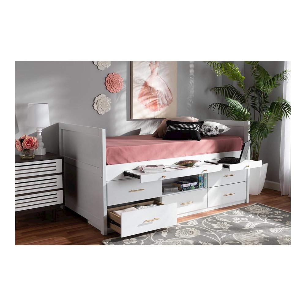 White Finished Wood 5-Drawer Twin Size Storage Bed with Pull-Out Desk