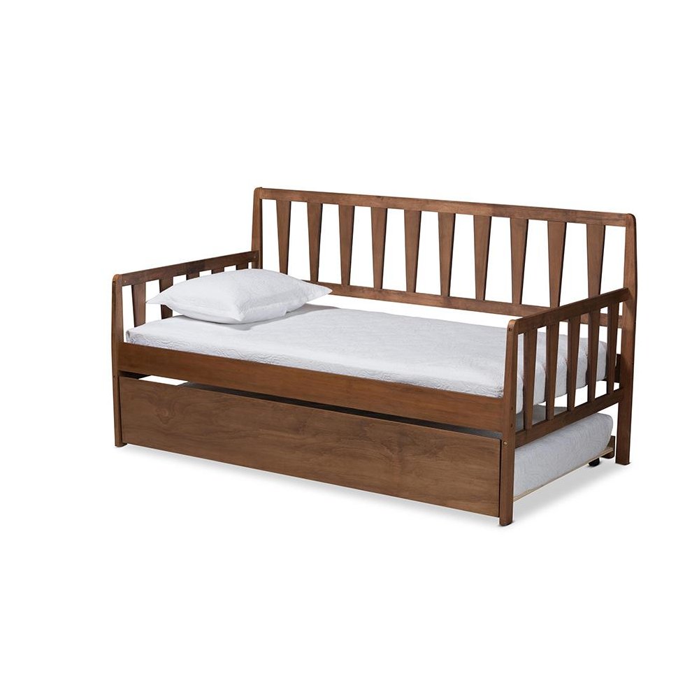 Walnut Brown Finished Wood Twin Size Daybed with Roll-Out Trundle Bed