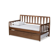 Walnut Brown Finished Wood Twin Size Daybed with Roll-Out Trundle Bed