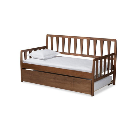 Walnut Brown Finished Wood Twin Size Daybed with Roll-Out Trundle Bed