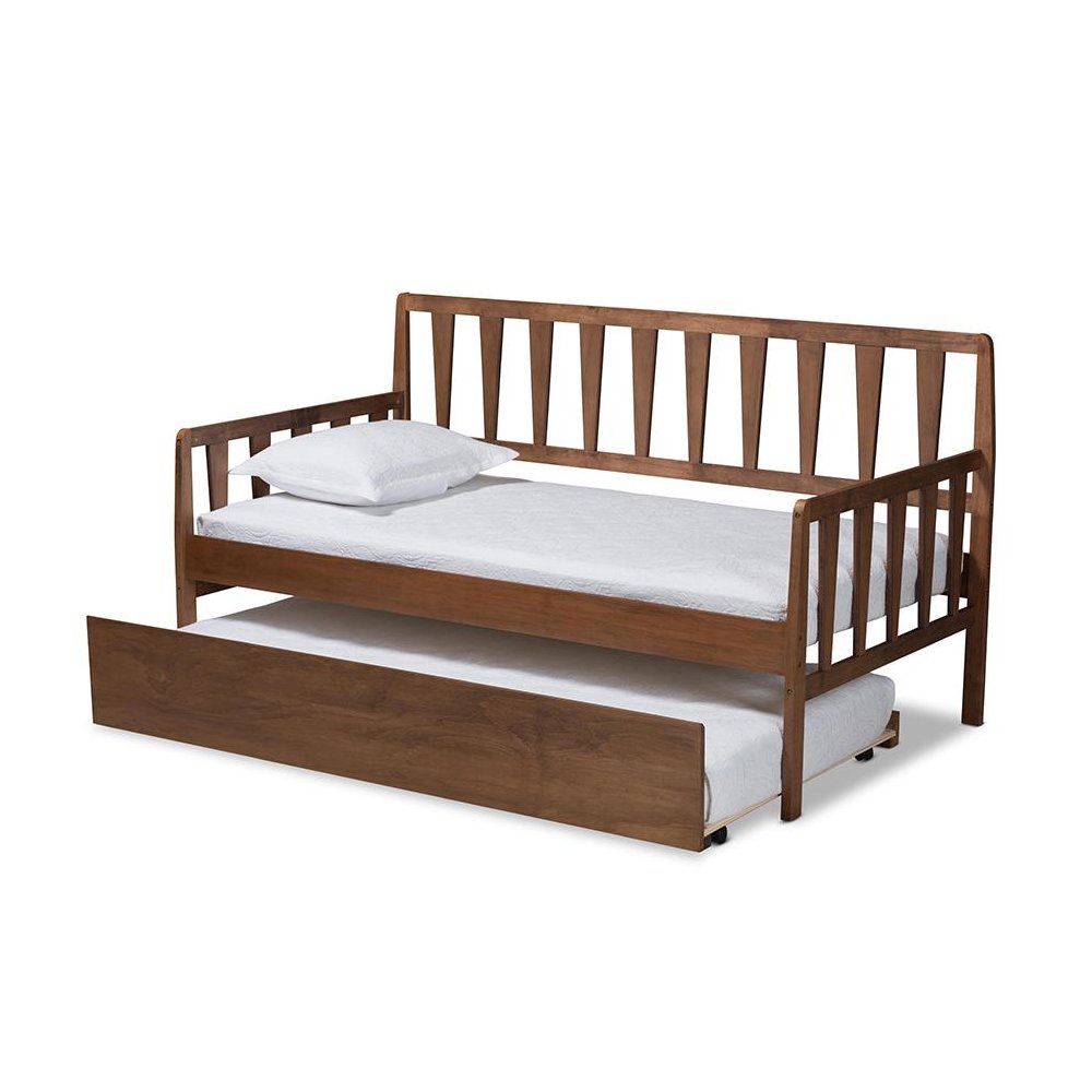 Walnut Brown Finished Wood Twin Size Daybed with Roll-Out Trundle Bed
