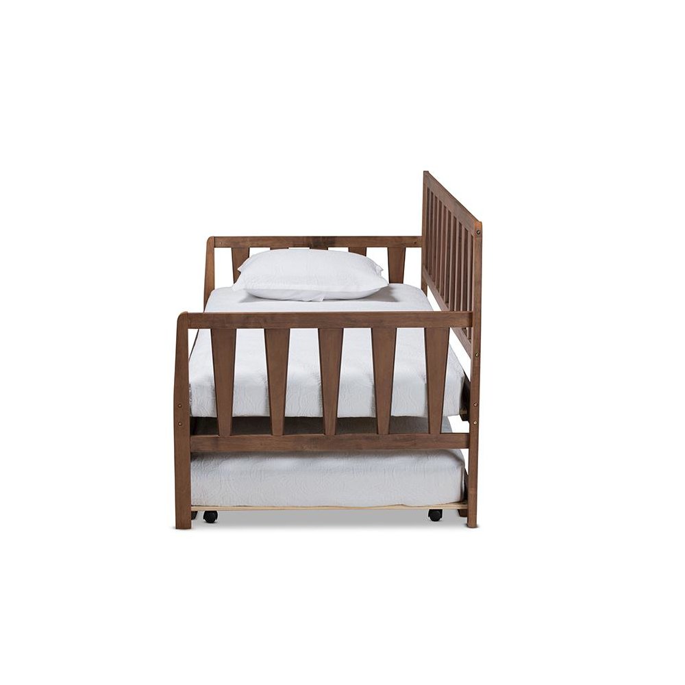 Walnut Brown Finished Wood Twin Size Daybed with Roll-Out Trundle Bed
