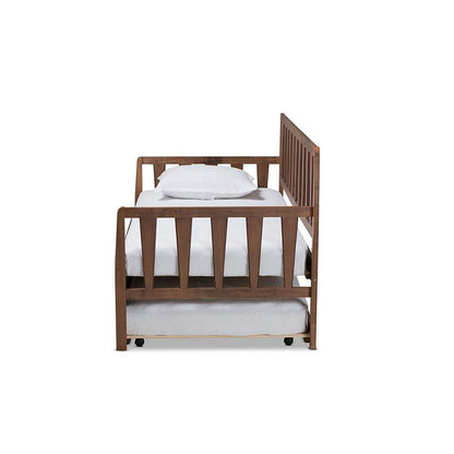 Walnut Brown Finished Wood Twin Size Daybed with Roll-Out Trundle Bed