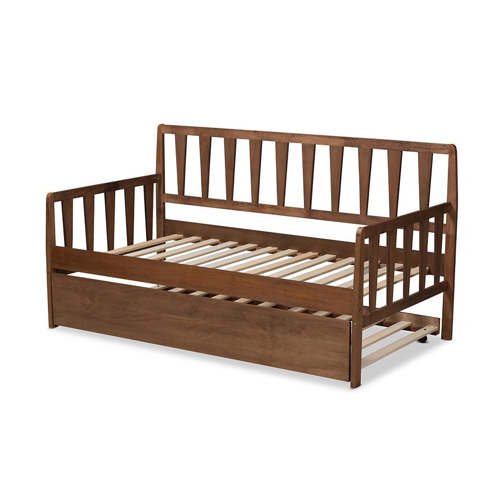 Walnut Brown Finished Wood Twin Size Daybed with Roll-Out Trundle Bed