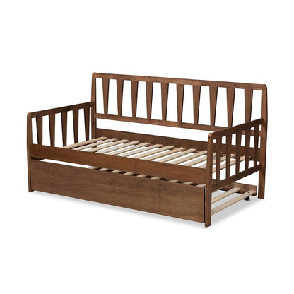 Walnut Brown Finished Wood Twin Size Daybed with Roll-Out Trundle Bed