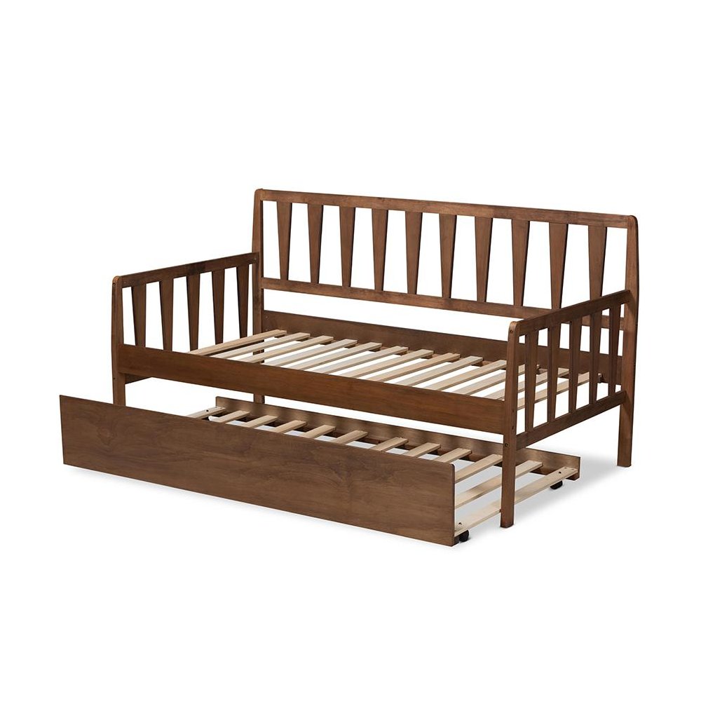 Walnut Brown Finished Wood Twin Size Daybed with Roll-Out Trundle Bed