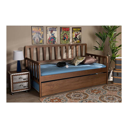 Walnut Brown Finished Wood Twin Size Daybed with Roll-Out Trundle Bed
