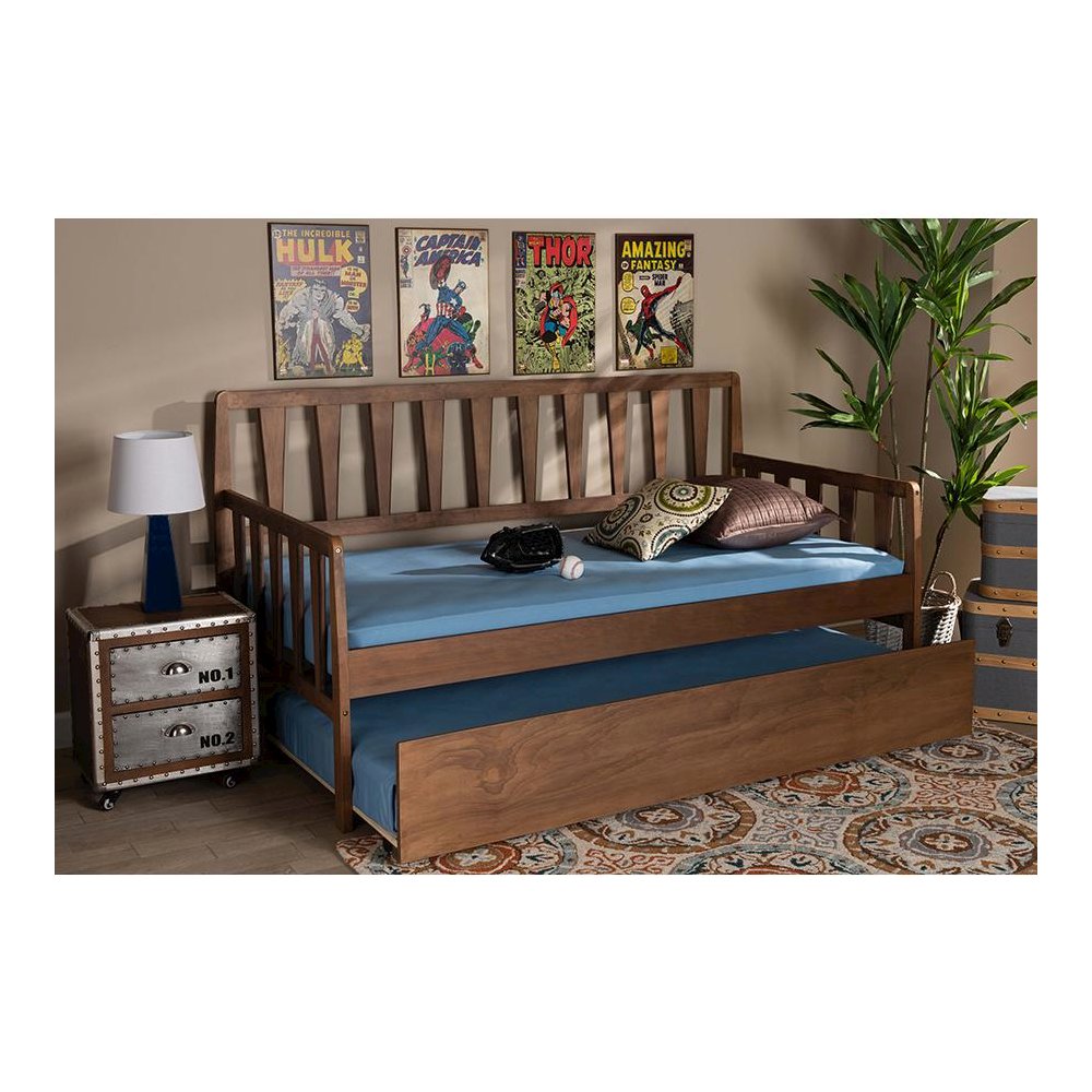 Walnut Brown Finished Wood Twin Size Daybed with Roll-Out Trundle Bed