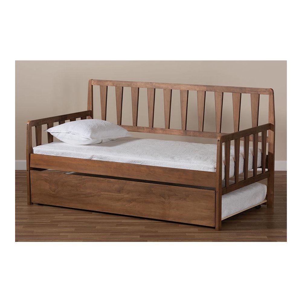 Walnut Brown Finished Wood Twin Size Daybed with Roll-Out Trundle Bed