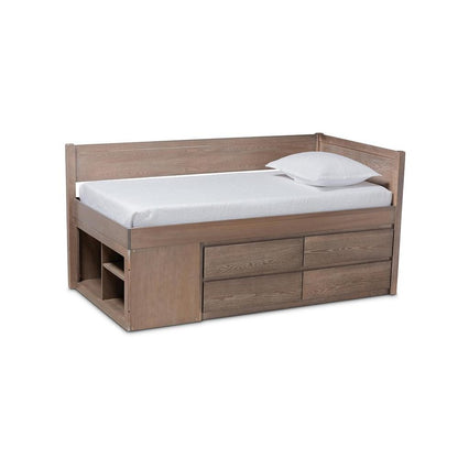 Antique Oak Finished Wood 4-Drawer Twin Size Storage Bed
