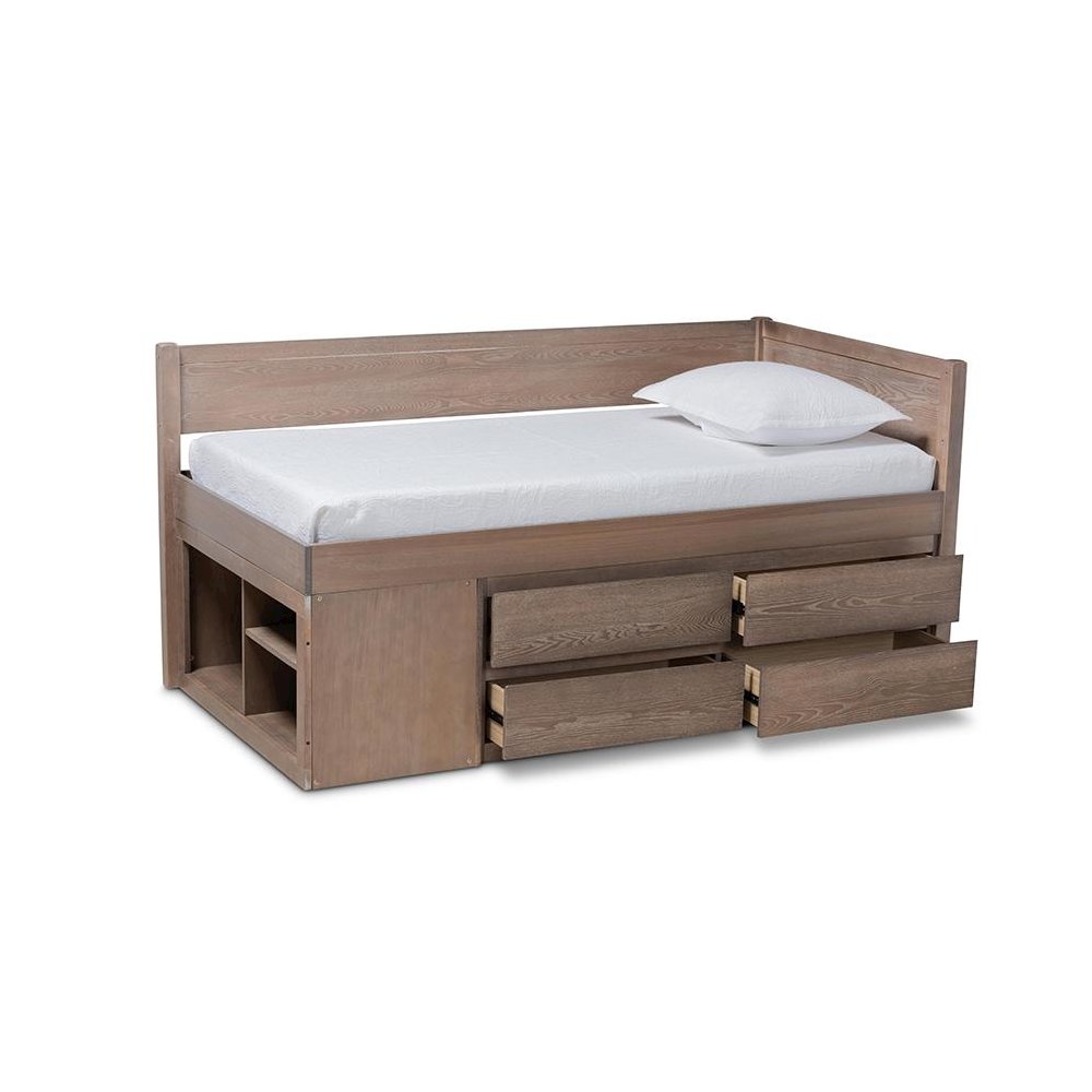 Antique Oak Finished Wood 4-Drawer Twin Size Storage Bed