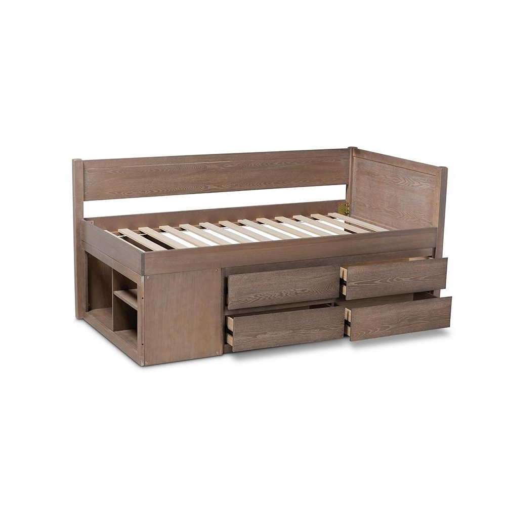 Antique Oak Finished Wood 4-Drawer Twin Size Storage Bed