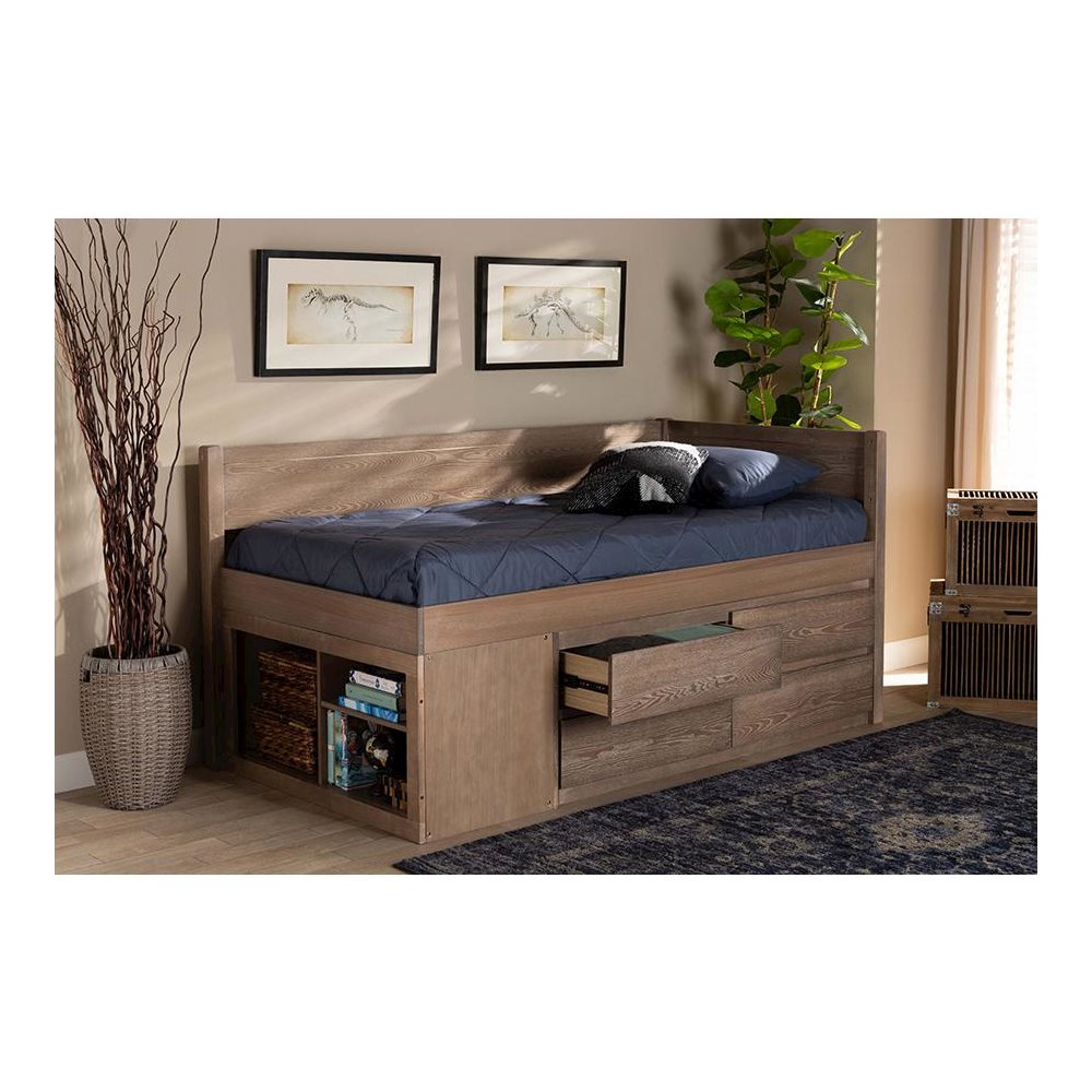 Antique Oak Finished Wood 4-Drawer Twin Size Storage Bed