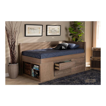 Antique Oak Finished Wood 4-Drawer Twin Size Storage Bed