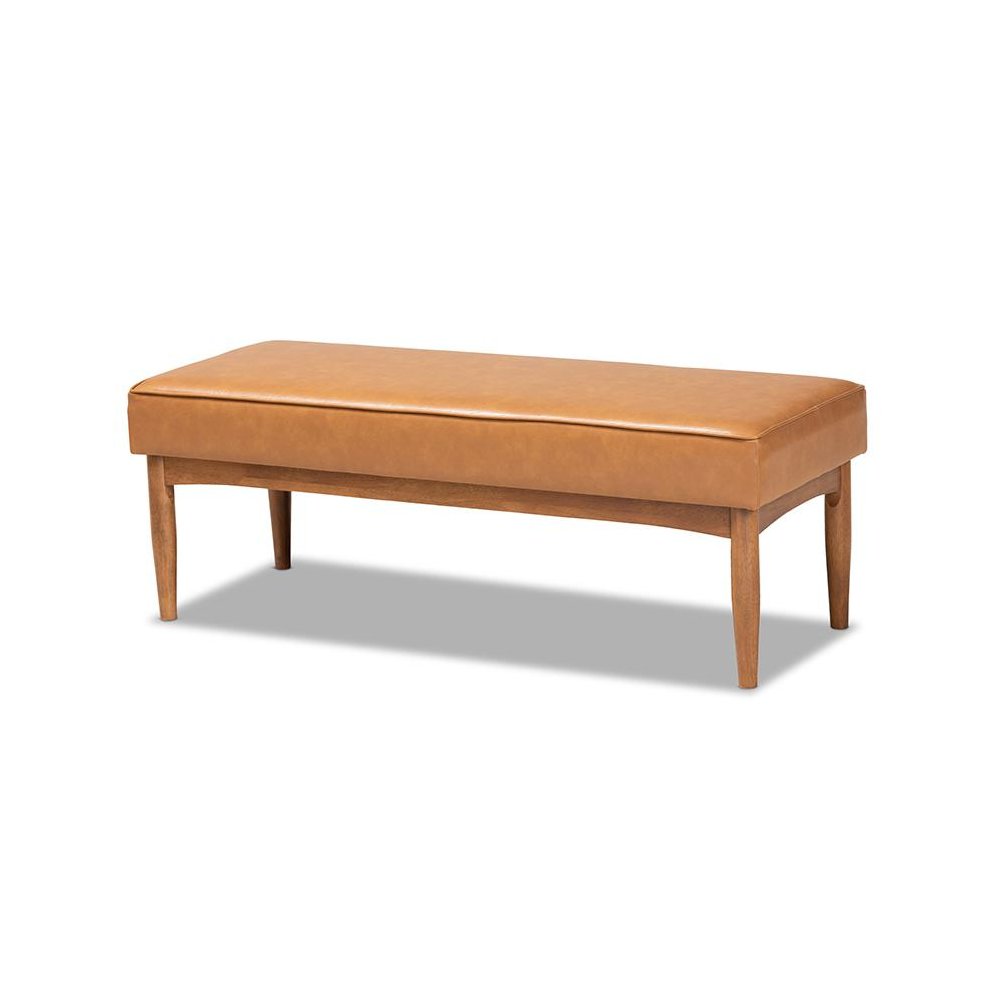 Leather Upholstered and Walnut Brown Finished Wood Dining Bench