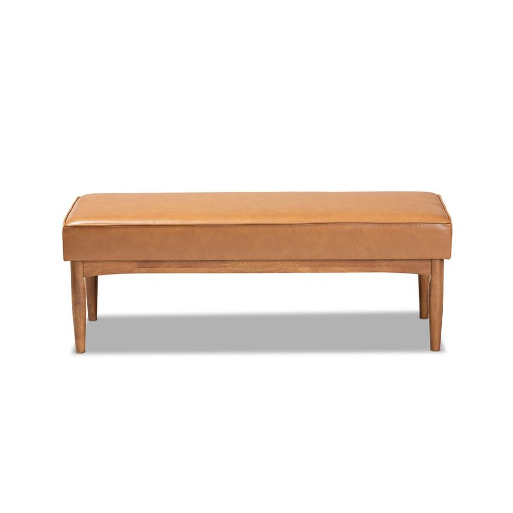 Leather Upholstered and Walnut Brown Finished Wood Dining Bench