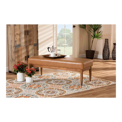 Leather Upholstered and Walnut Brown Finished Wood Dining Bench