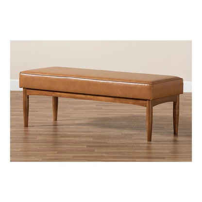 Leather Upholstered and Walnut Brown Finished Wood Dining Bench