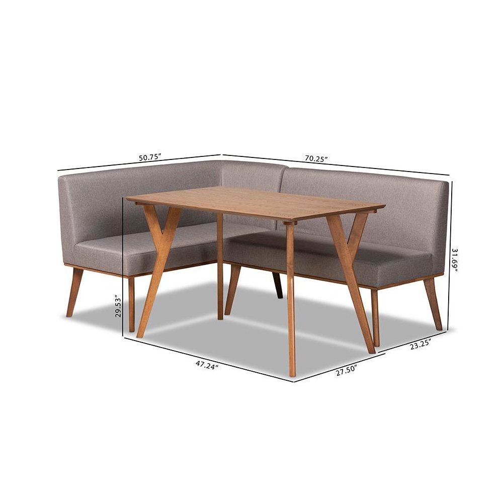 Grey Fabric Upholstered and Walnut Brown Finished Wood 3-Piece Dining Nook Set