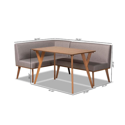 Grey Fabric Upholstered and Walnut Brown Finished Wood 3-Piece Dining Nook Set