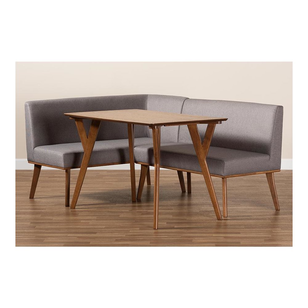 Grey Fabric Upholstered and Walnut Brown Finished Wood 3-Piece Dining Nook Set