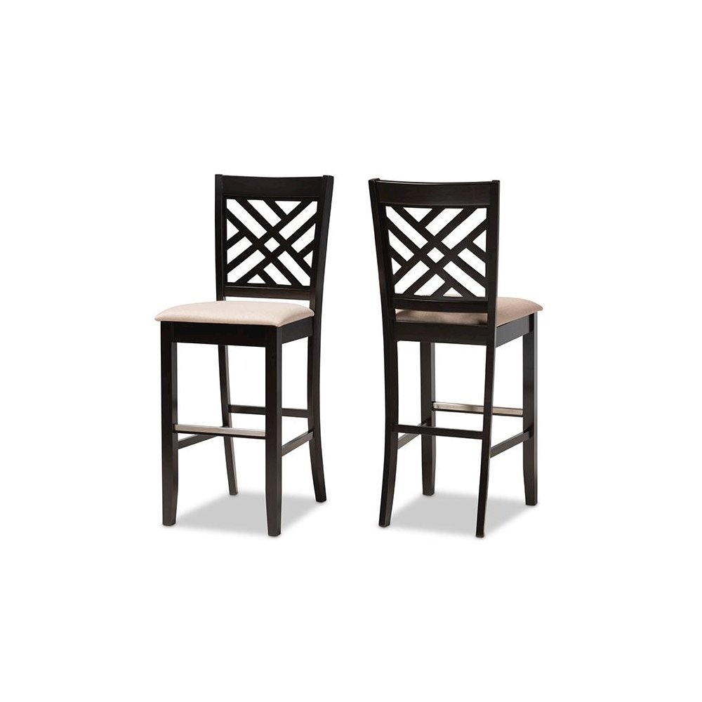 Sand Fabric Upholstered and Espresso Brown Finished Wood 2-Piece Bar Stool Set