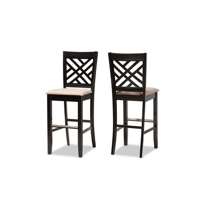 Sand Fabric Upholstered and Espresso Brown Finished Wood 2-Piece Bar Stool Set