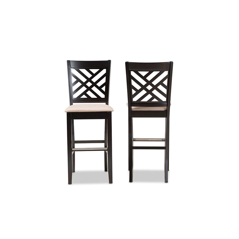 Sand Fabric Upholstered and Espresso Brown Finished Wood 2-Piece Bar Stool Set