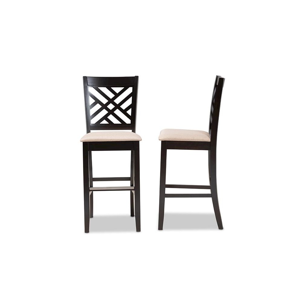 Sand Fabric Upholstered and Espresso Brown Finished Wood 2-Piece Bar Stool Set