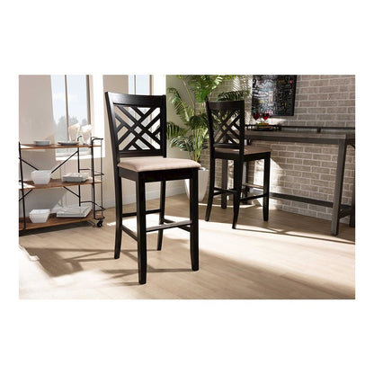 Sand Fabric Upholstered and Espresso Brown Finished Wood 2-Piece Bar Stool Set