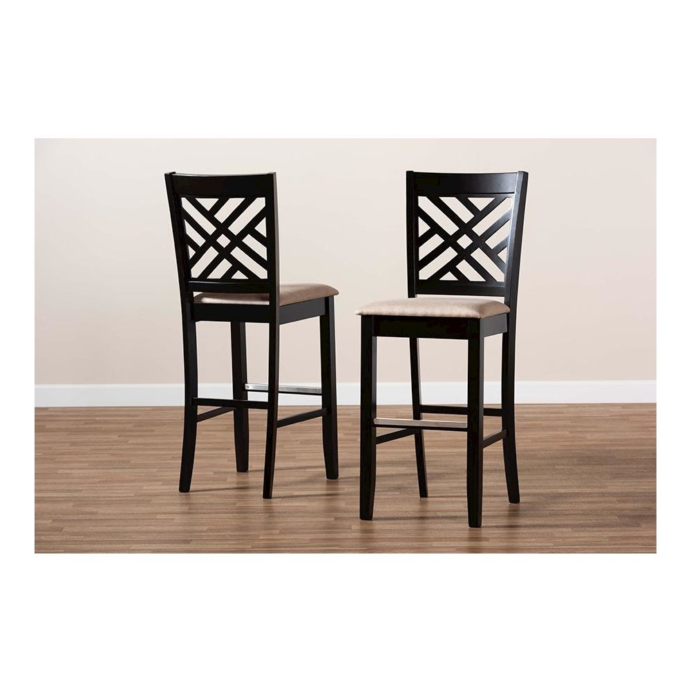 Sand Fabric Upholstered and Espresso Brown Finished Wood 2-Piece Bar Stool Set