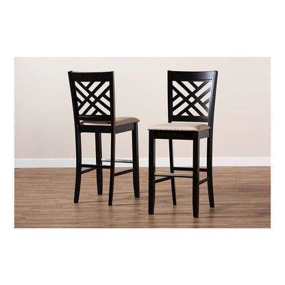 Sand Fabric Upholstered and Espresso Brown Finished Wood 2-Piece Bar Stool Set