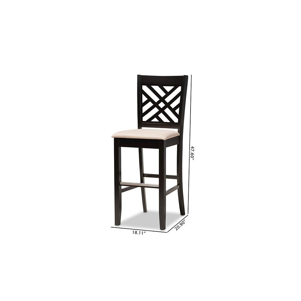 Sand Fabric Upholstered and Espresso Brown Finished Wood 2-Piece Bar Stool Set
