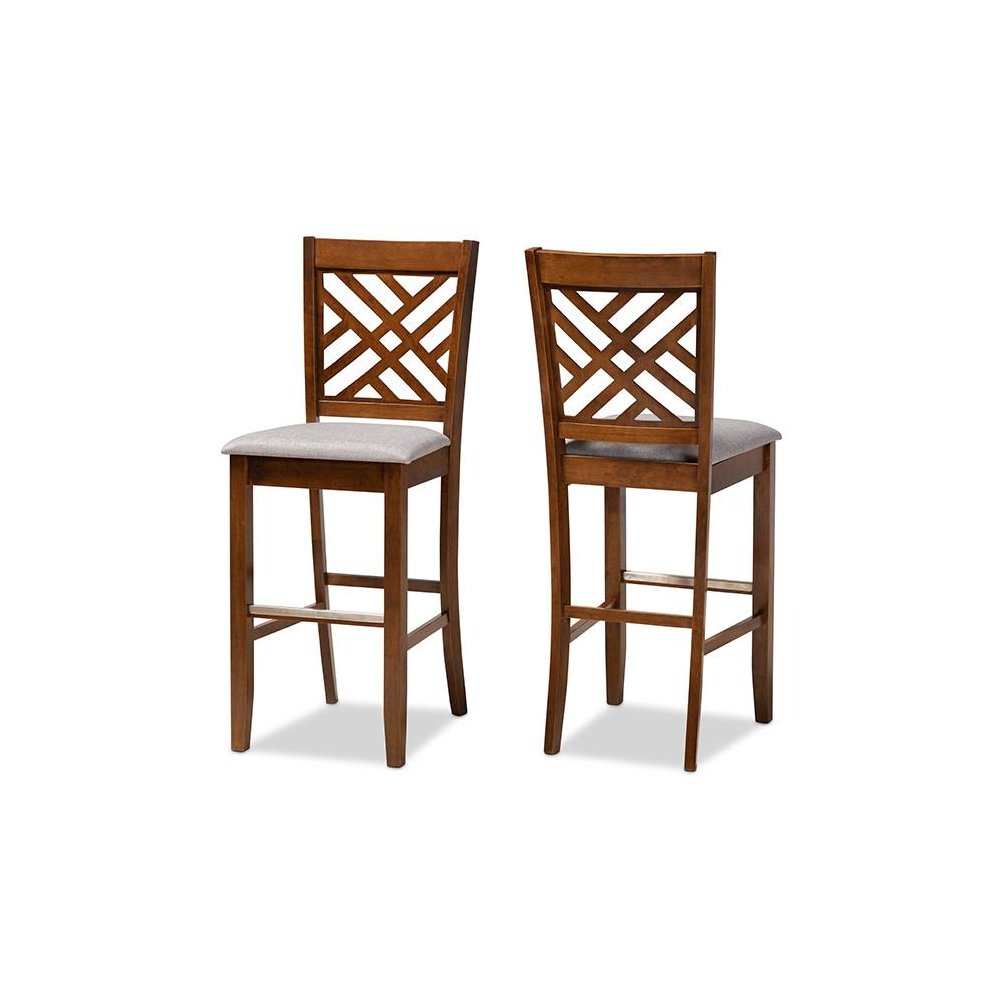Grey Fabric Upholstered and Walnut Brown Finished Wood 2-Piece Bar Stool Set