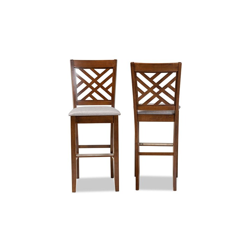 Grey Fabric Upholstered and Walnut Brown Finished Wood 2-Piece Bar Stool Set