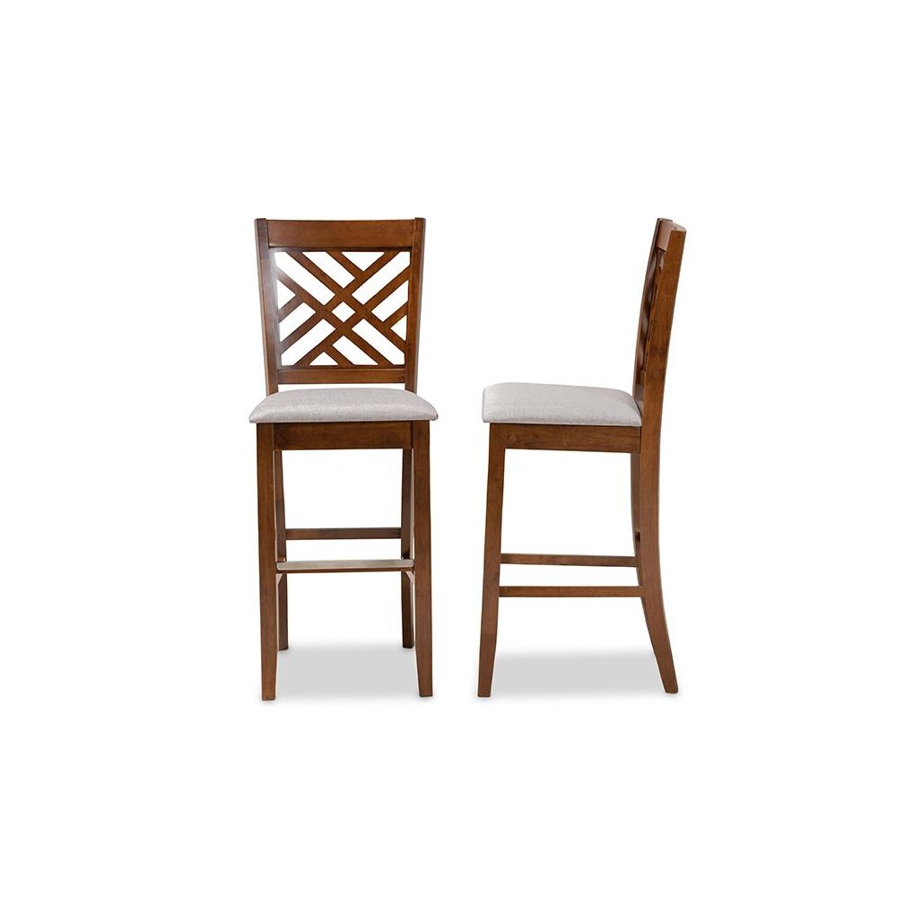 Grey Fabric Upholstered and Walnut Brown Finished Wood 2-Piece Bar Stool Set