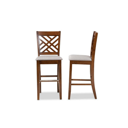 Grey Fabric Upholstered and Walnut Brown Finished Wood 2-Piece Bar Stool Set