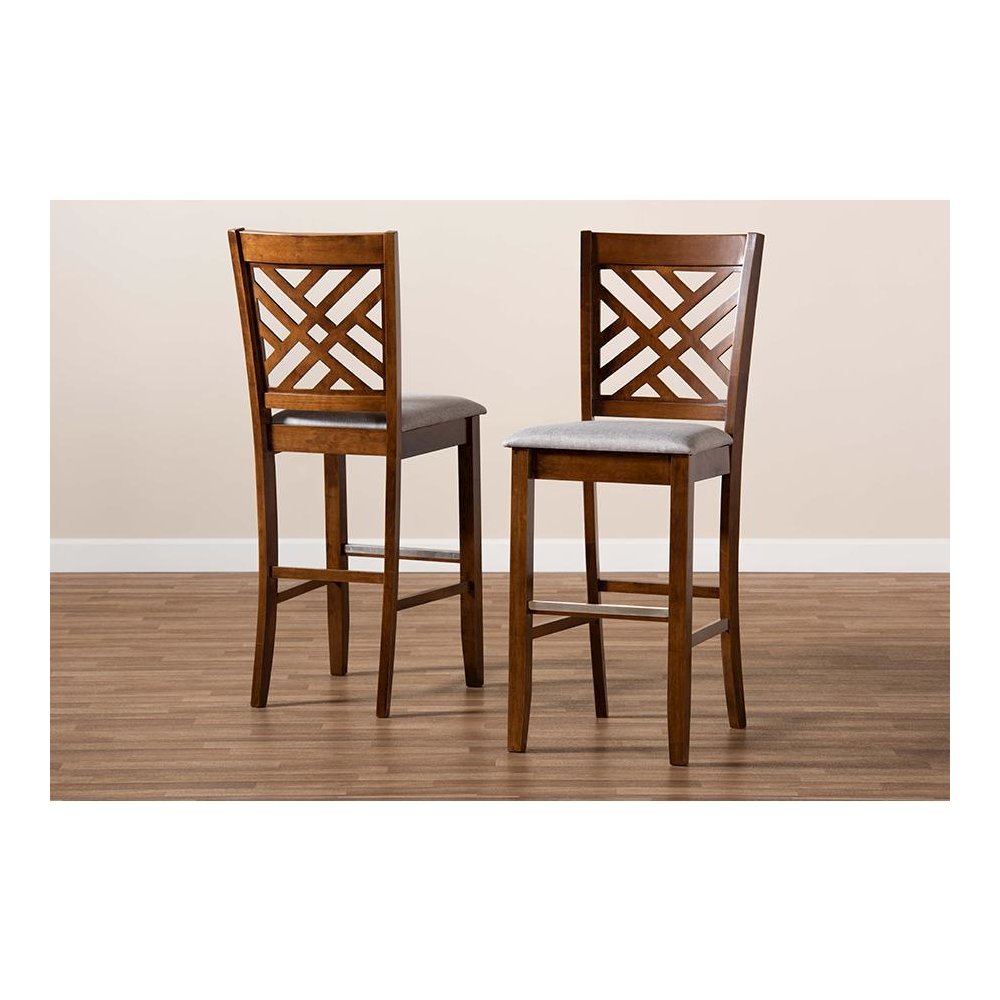 Grey Fabric Upholstered and Walnut Brown Finished Wood 2-Piece Bar Stool Set