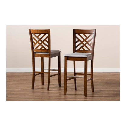 Grey Fabric Upholstered and Walnut Brown Finished Wood 2-Piece Bar Stool Set