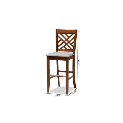 Grey Fabric Upholstered and Walnut Brown Finished Wood 2-Piece Bar Stool Set