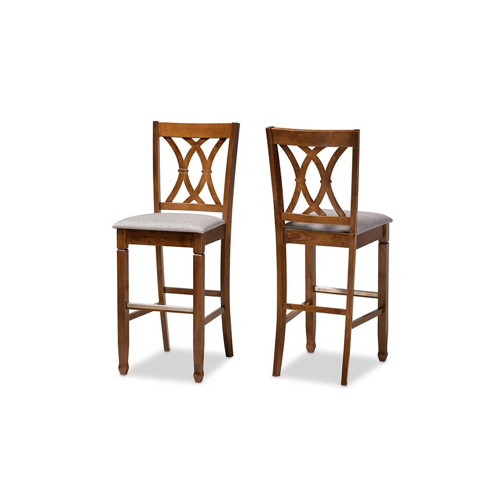 Grey Fabric Upholstered and Walnut Brown Finished Wood 2-Piece Bar Stool Set